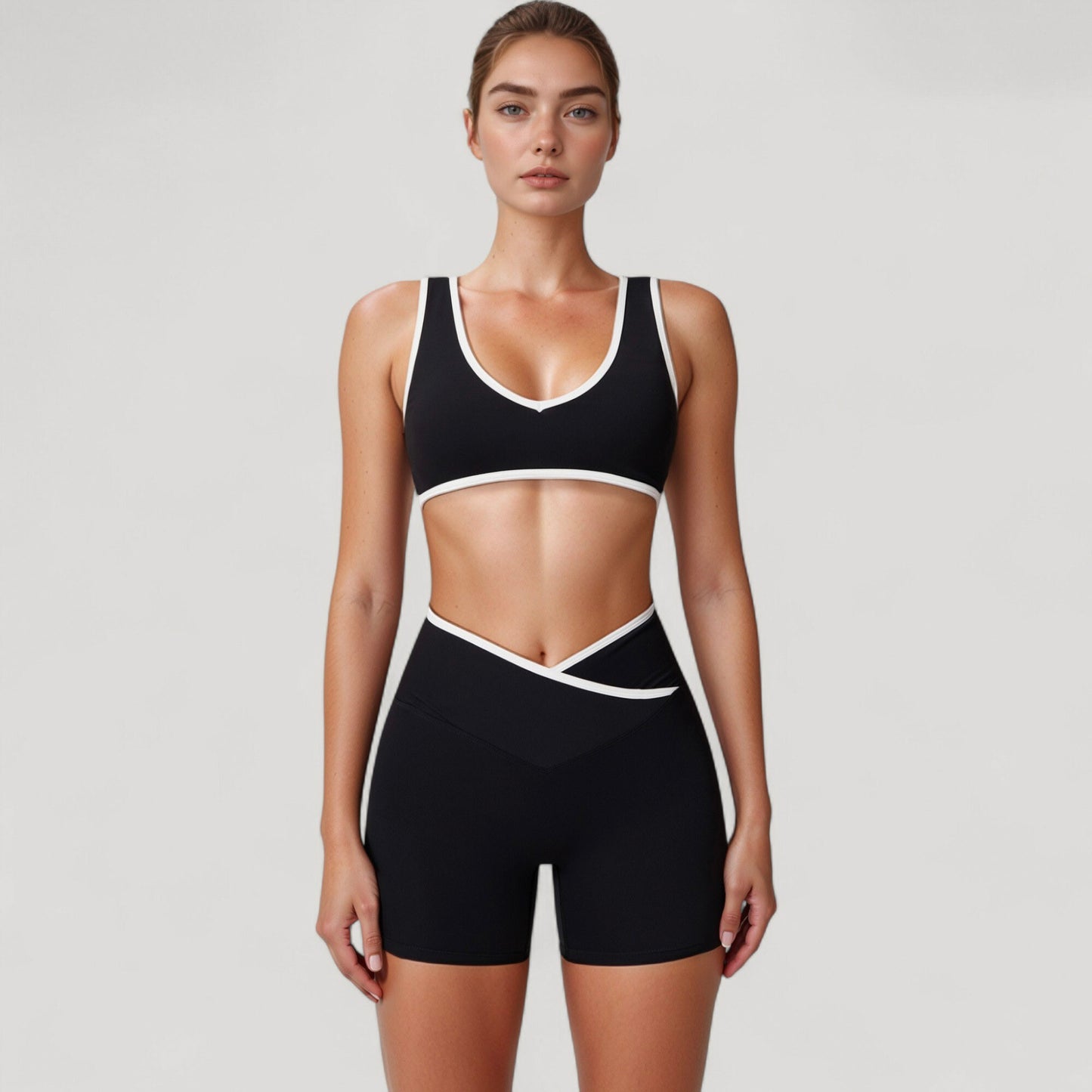 High Waist Crossover Athletic Shorts with Stretch Fabric and Flattering V Front Waistband