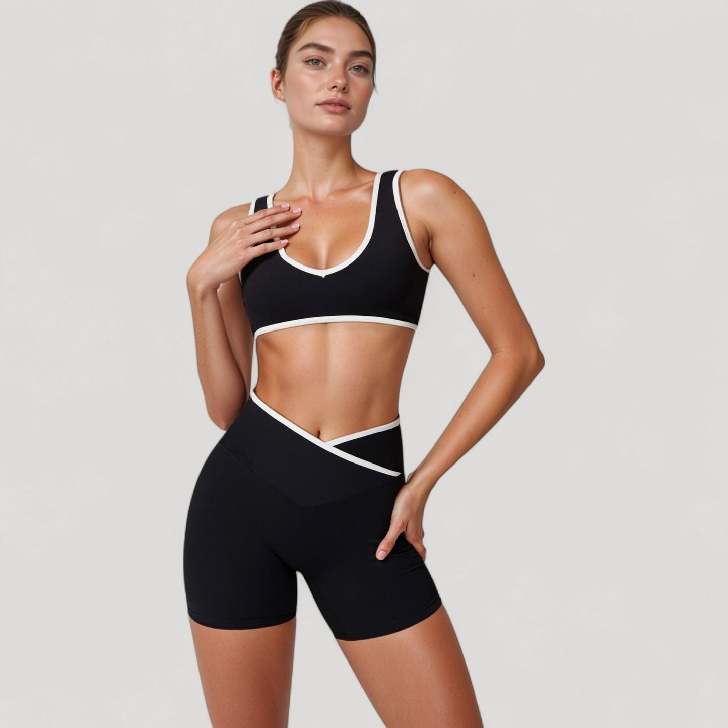 High Waist Crossover Athletic Shorts with Stretch Fabric and Flattering V Front Waistband