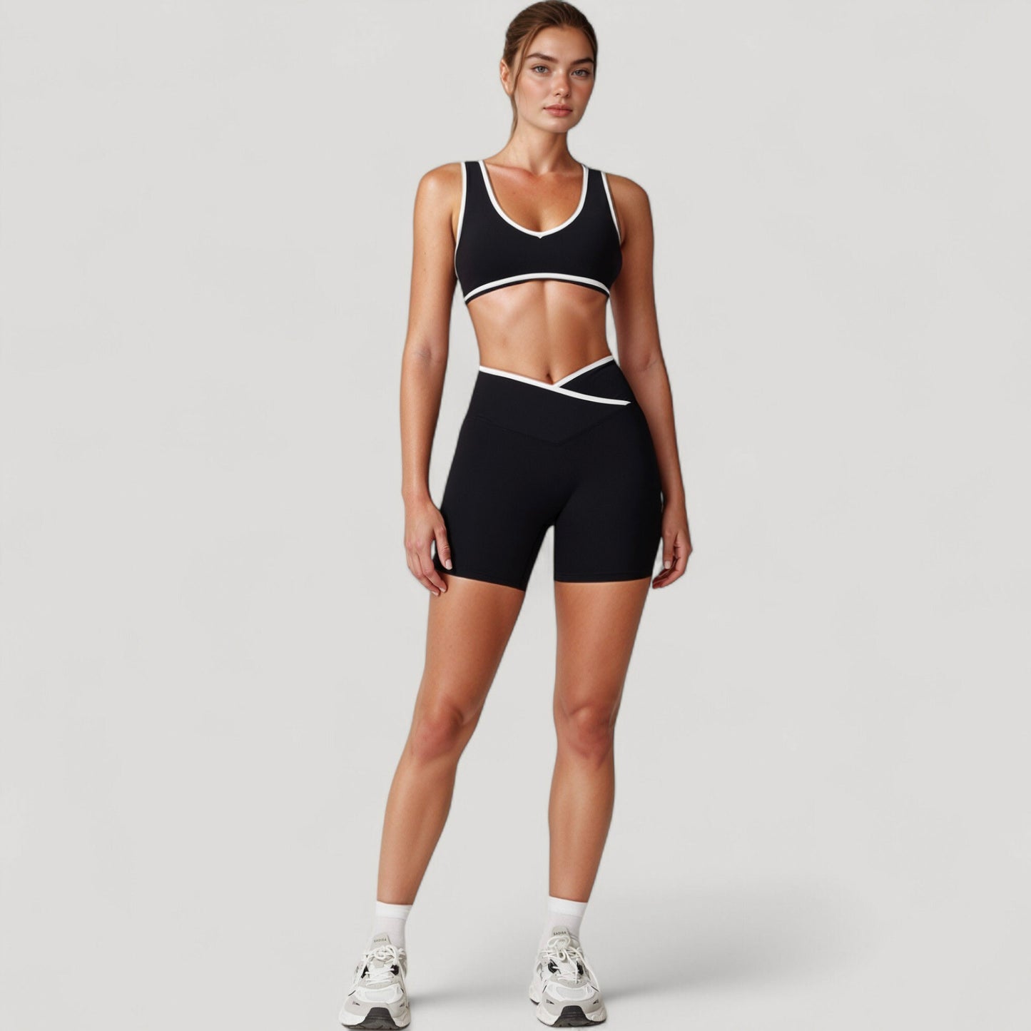 High Waist Crossover Athletic Shorts with Stretch Fabric and Flattering V Front Waistband