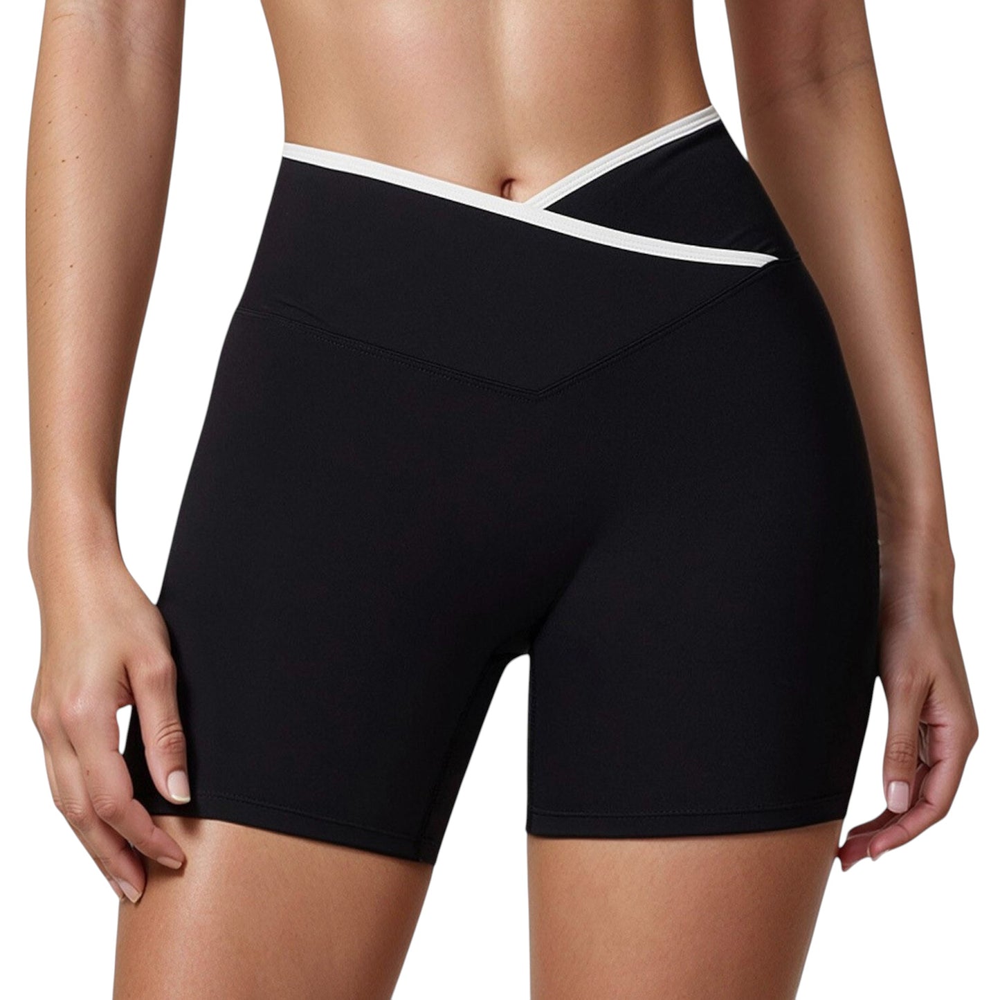 High Waist Crossover Athletic Shorts with Stretch Fabric and Flattering V Front Waistband