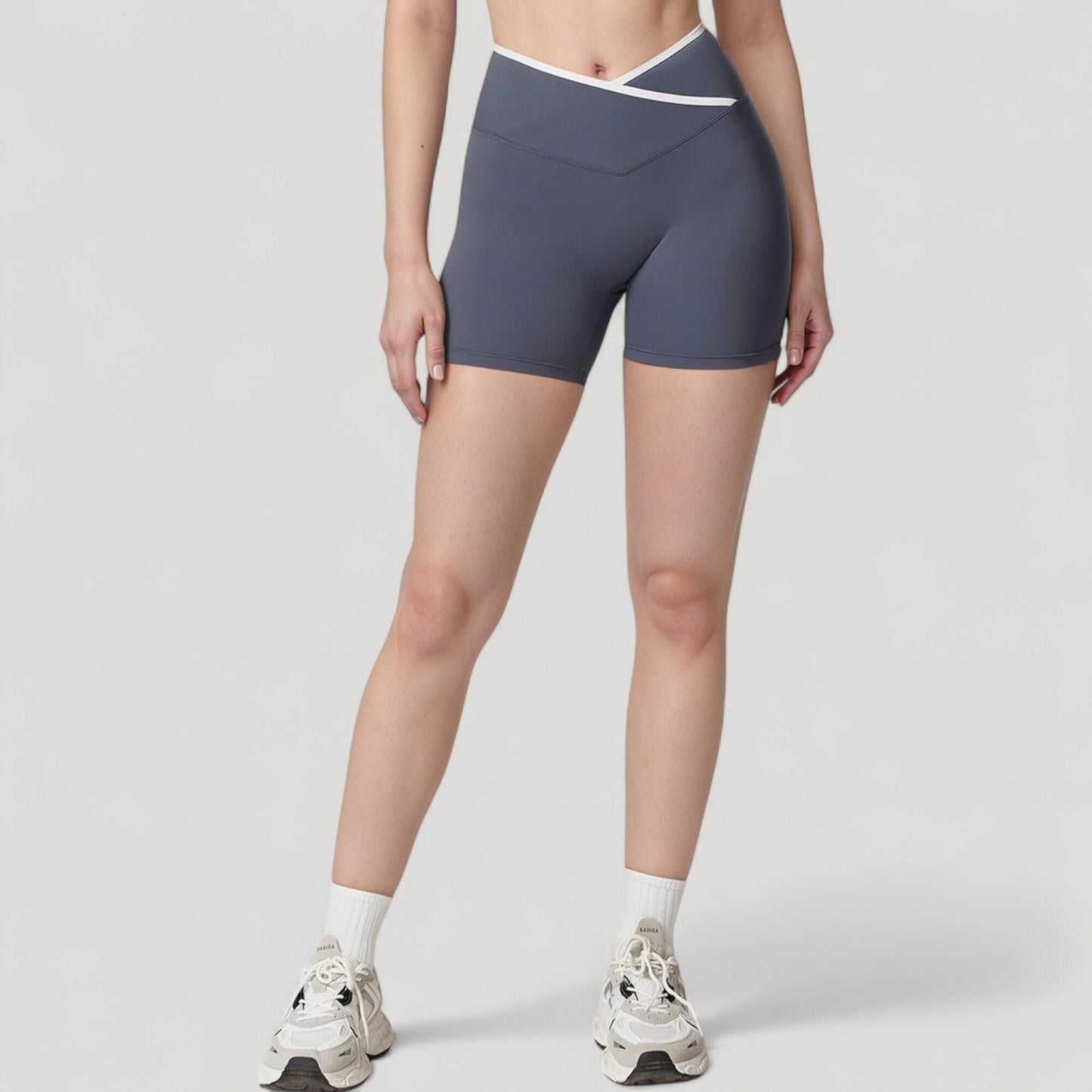 High Waist Crossover Athletic Shorts with Stretch Fabric and Flattering V Front Waistband