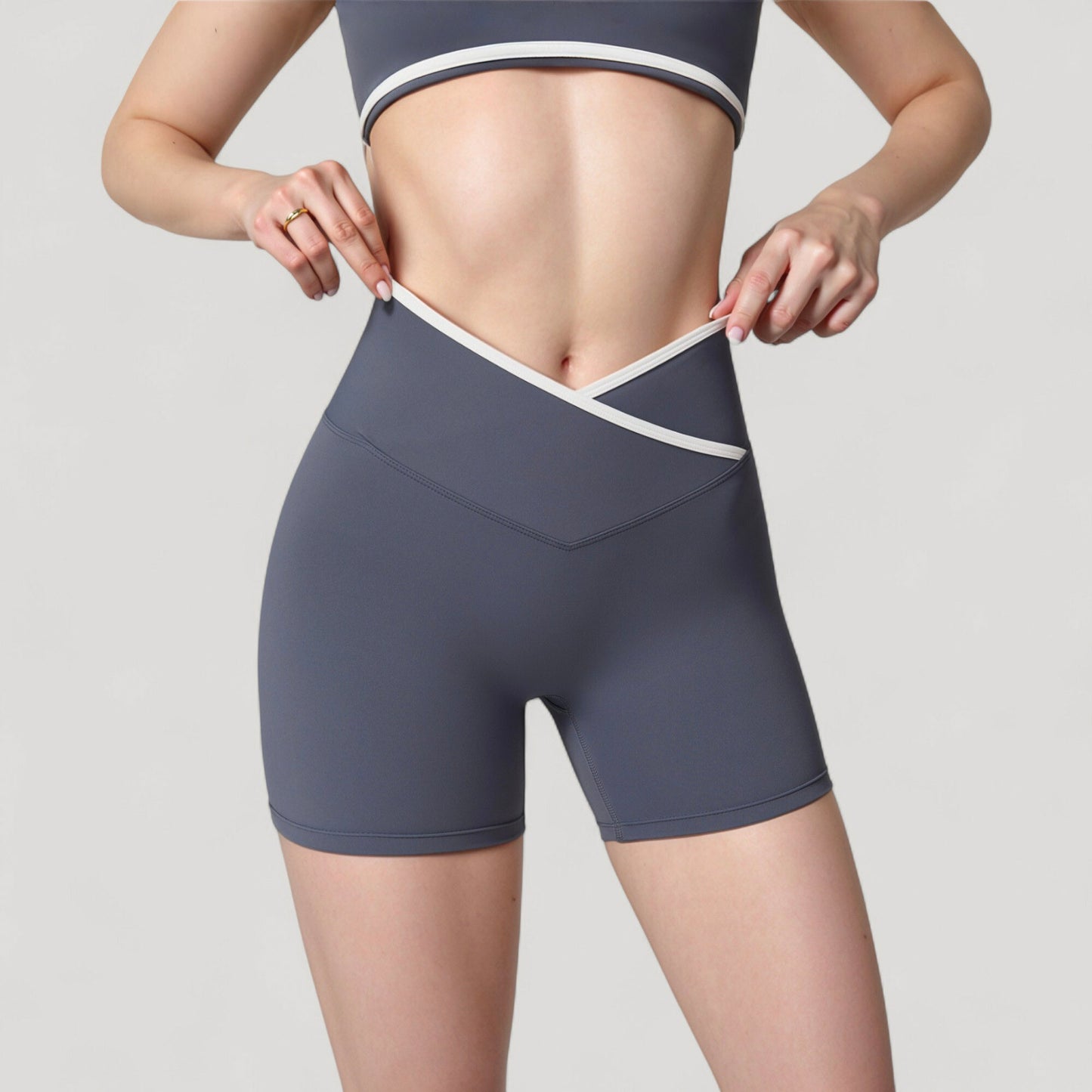 High Waist Crossover Athletic Shorts with Stretch Fabric and Flattering V Front Waistband
