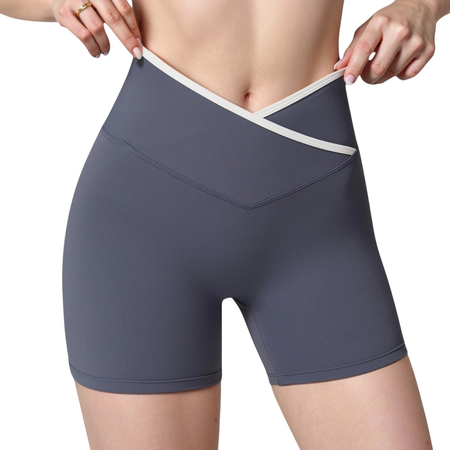 High Waist Crossover Athletic Shorts with Stretch Fabric and Flattering V Front Waistband