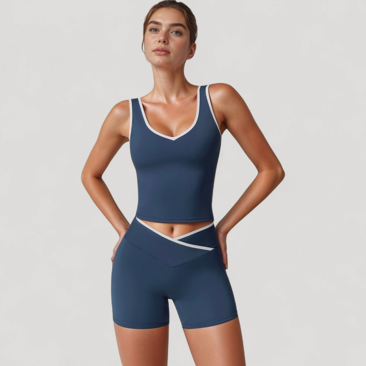 High Waist Crossover Athletic Shorts with Stretch Fabric and Flattering V Front Waistband