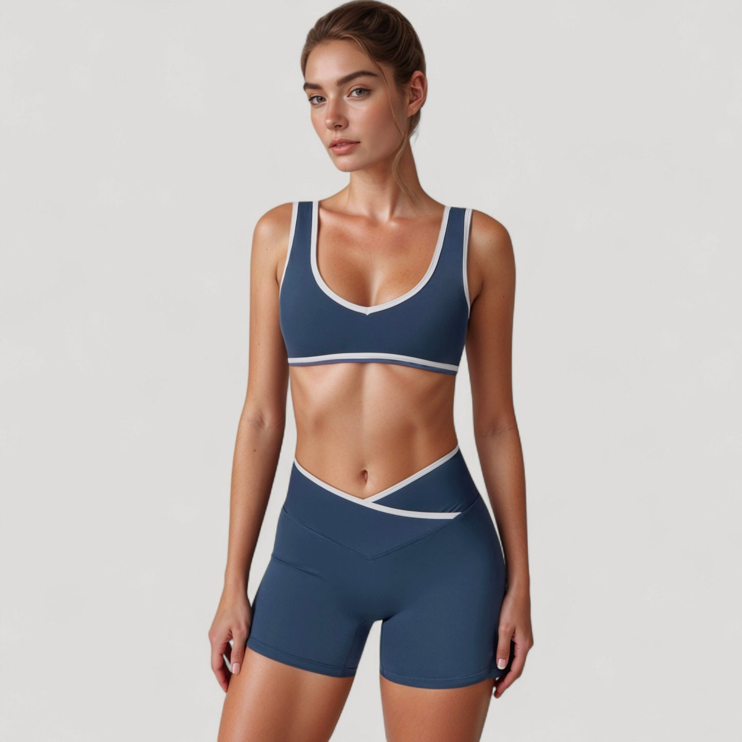 High Waist Crossover Athletic Shorts with Stretch Fabric and Flattering V Front Waistband