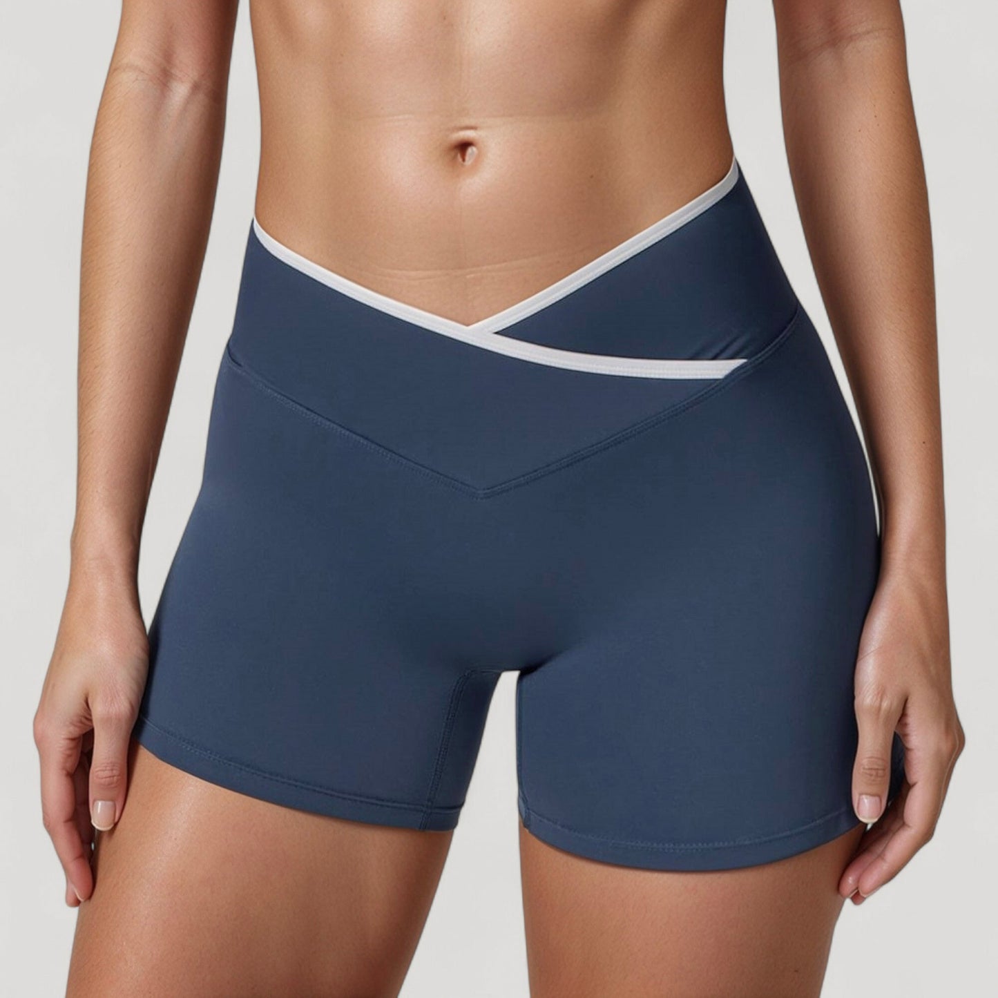 High Waist Crossover Athletic Shorts with Stretch Fabric and Flattering V Front Waistband