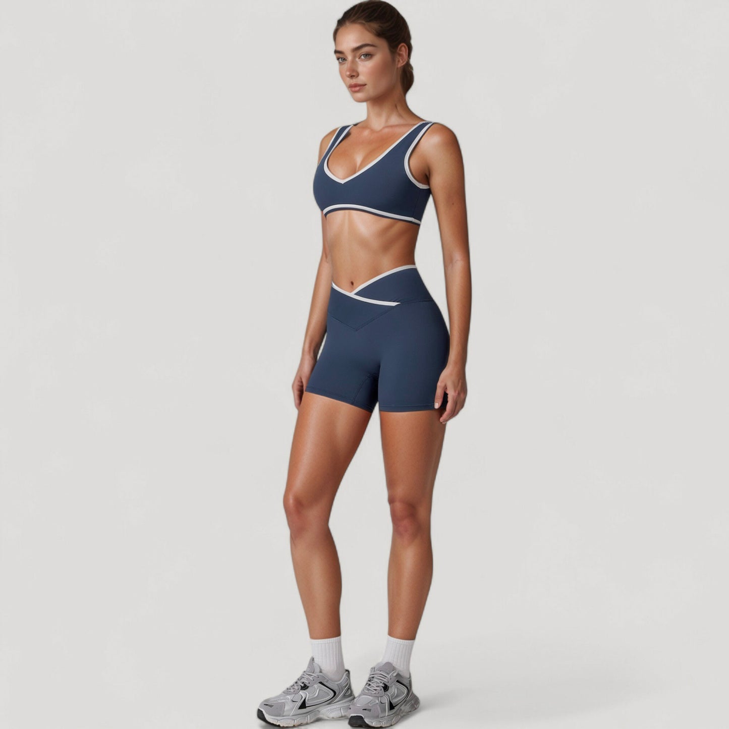 High Waist Crossover Athletic Shorts with Stretch Fabric and Flattering V Front Waistband