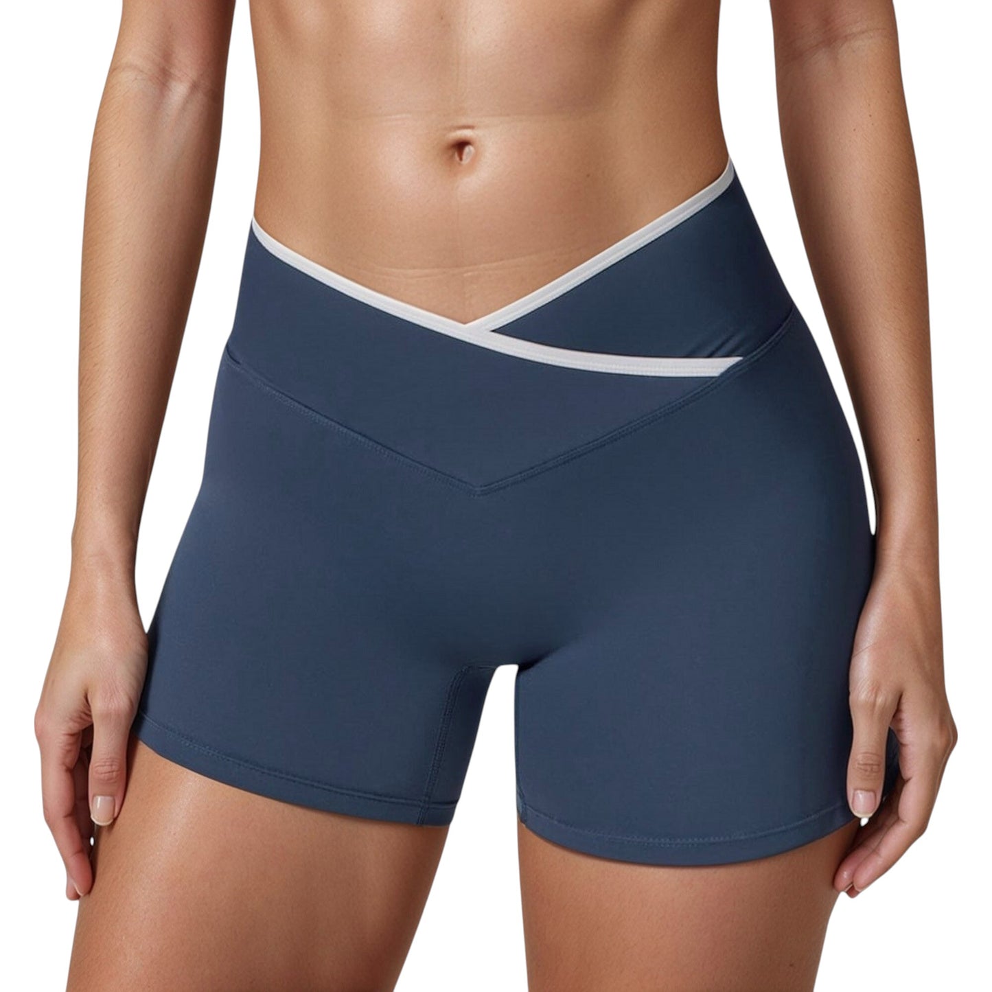 High Waist Crossover Athletic Shorts with Stretch Fabric and Flattering V Front Waistband