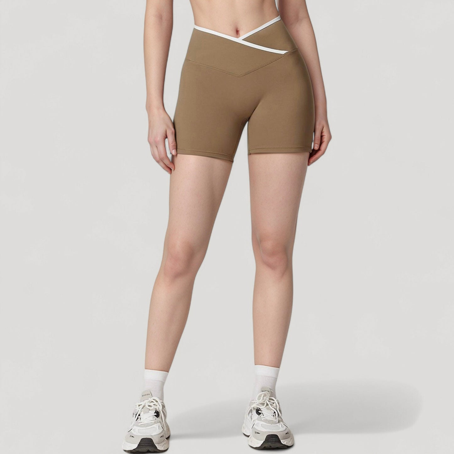 High Waist Crossover Athletic Shorts with Stretch Fabric and Flattering V Front Waistband