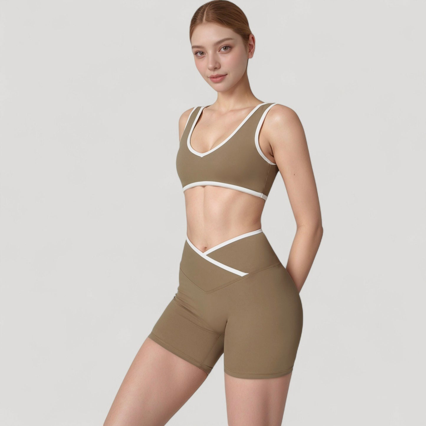 High Waist Crossover Athletic Shorts with Stretch Fabric and Flattering V Front Waistband