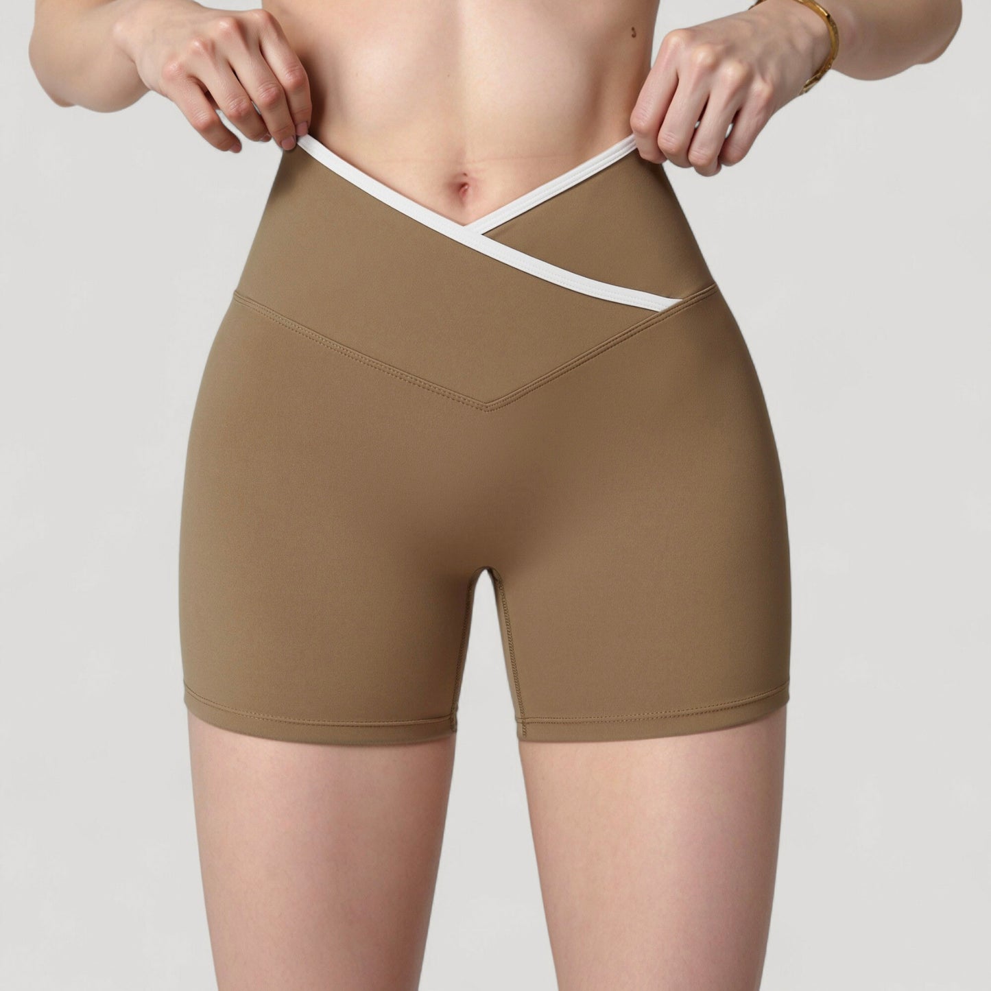 High Waist Crossover Athletic Shorts with Stretch Fabric and Flattering V Front Waistband