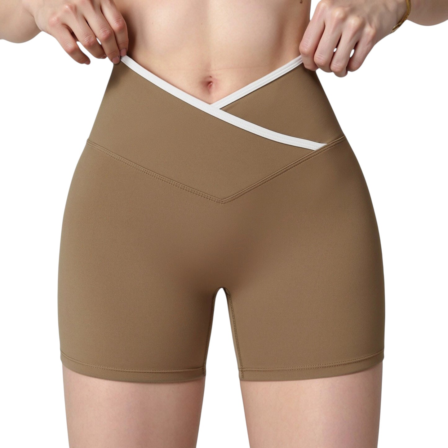 High Waist Crossover Athletic Shorts with Stretch Fabric and Flattering V Front Waistband