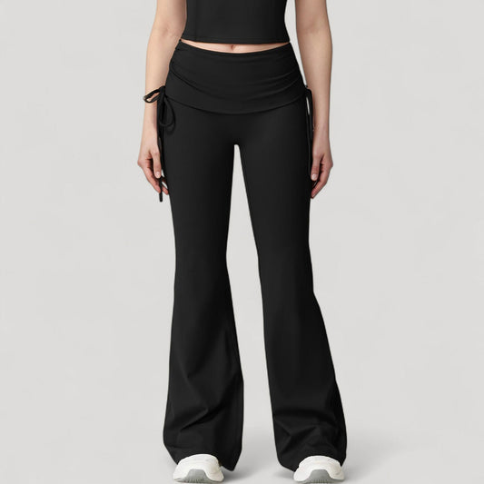 Drawstring Ruched Waist Flared Leg Pants Stretch Fabric Active Yoga Lounge Bottoms