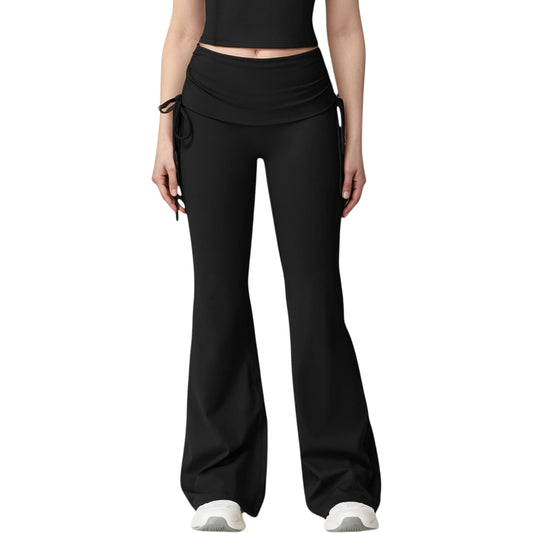Drawstring Ruched Waist Flared Leg Pants Stretch Fabric Active Yoga Lounge Bottoms