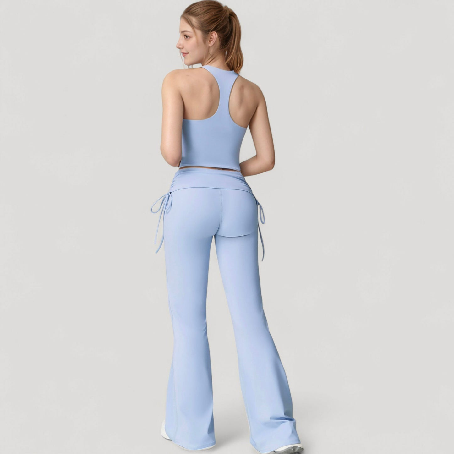 Drawstring Ruched Waist Flared Leg Pants Stretch Fabric Active Yoga Lounge Bottoms