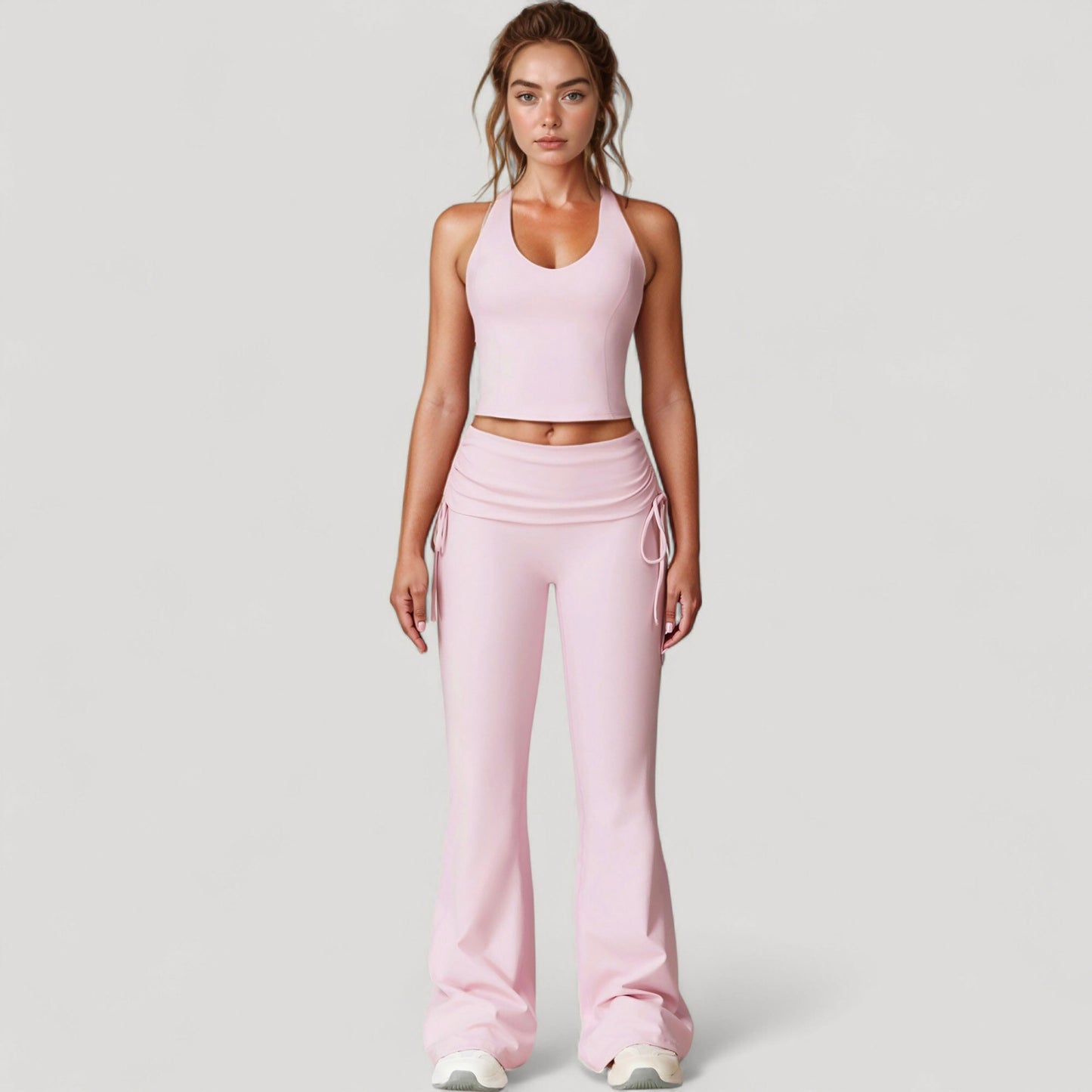 Drawstring Ruched Waist Flared Leg Pants Stretch Fabric Active Yoga Lounge Bottoms