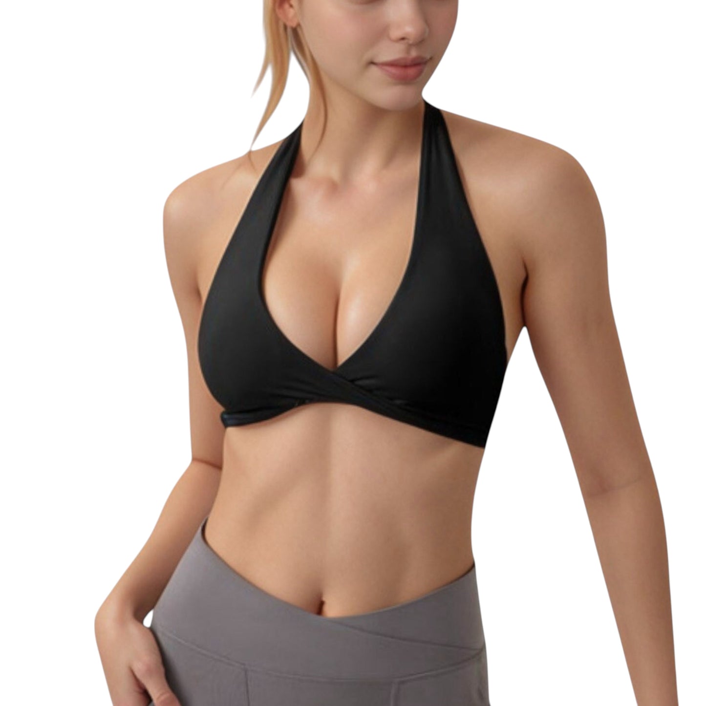 Halter Neck Sports Bra with Ruched Front Detail Low Impact Stretch Fabric Removable Padding