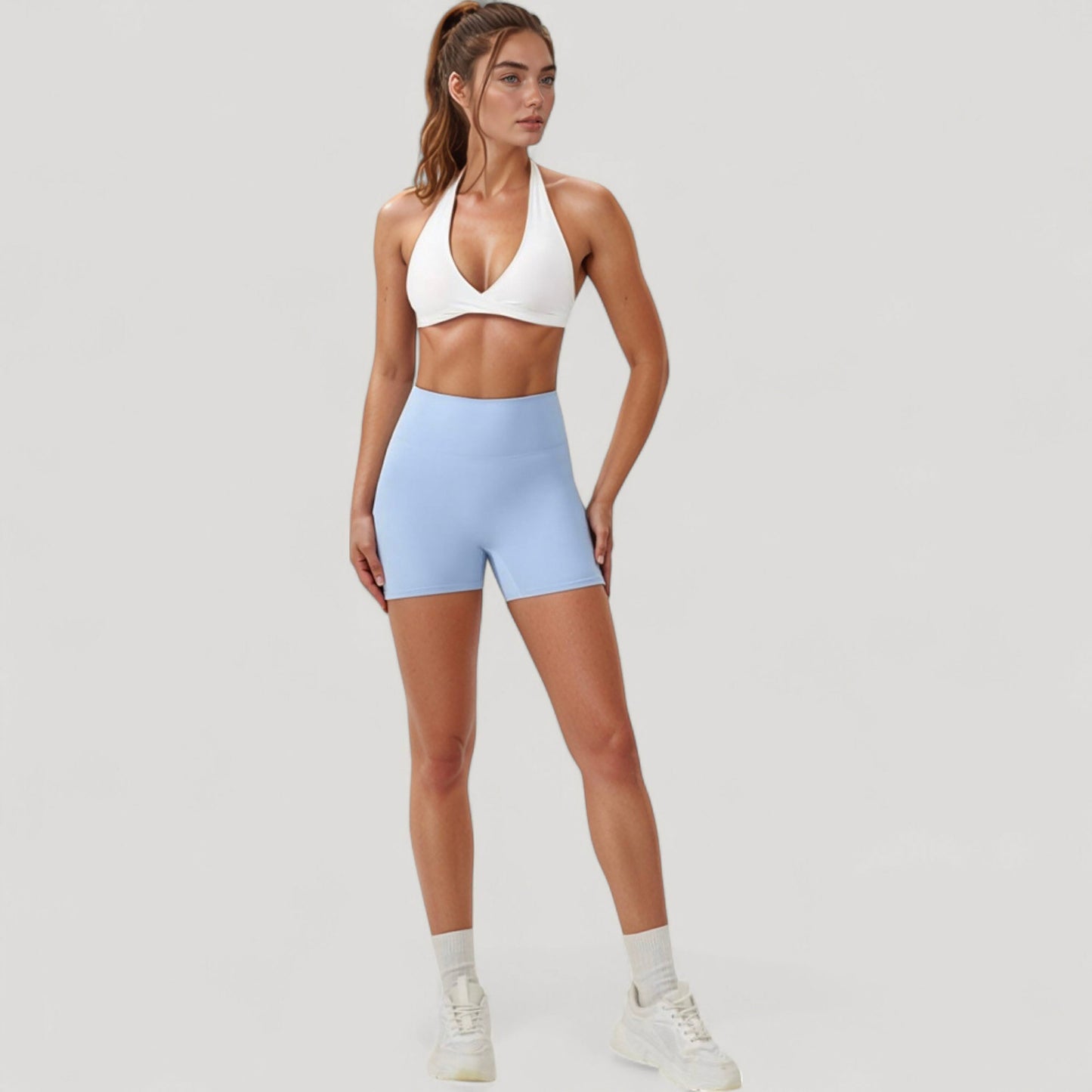 Halter Neck Sports Bra with Ruched Front Detail Low Impact Stretch Fabric Removable Padding