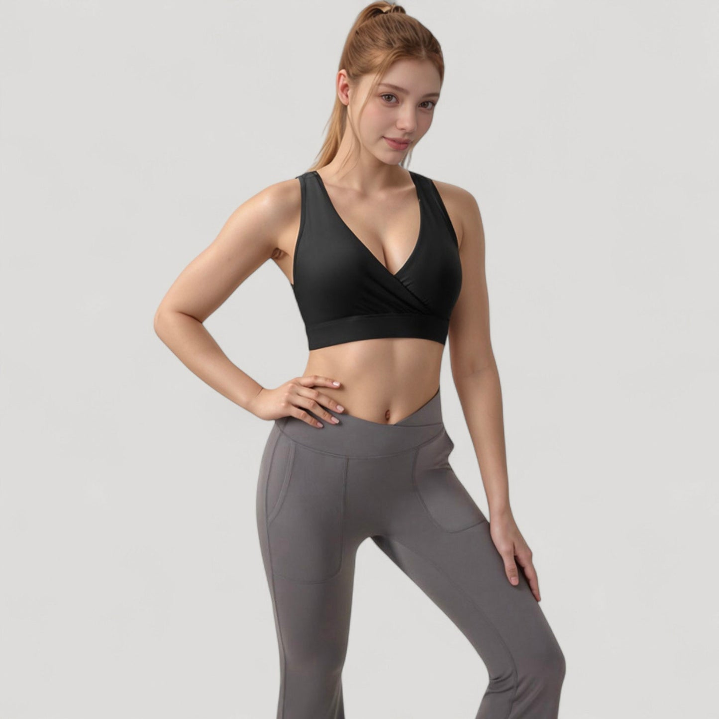 Crossover V-Neck Sports Bra with Wide Straps and Stretch Support Band