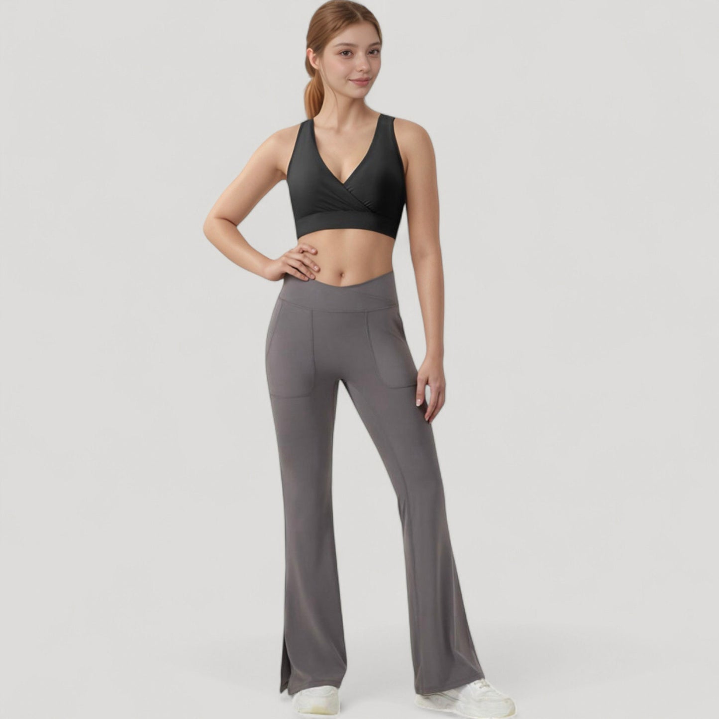 Crossover V-Neck Sports Bra with Wide Straps and Stretch Support Band