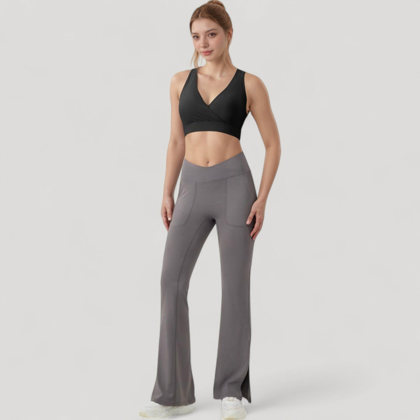Crossover V-Neck Sports Bra with Wide Straps and Stretch Support Band