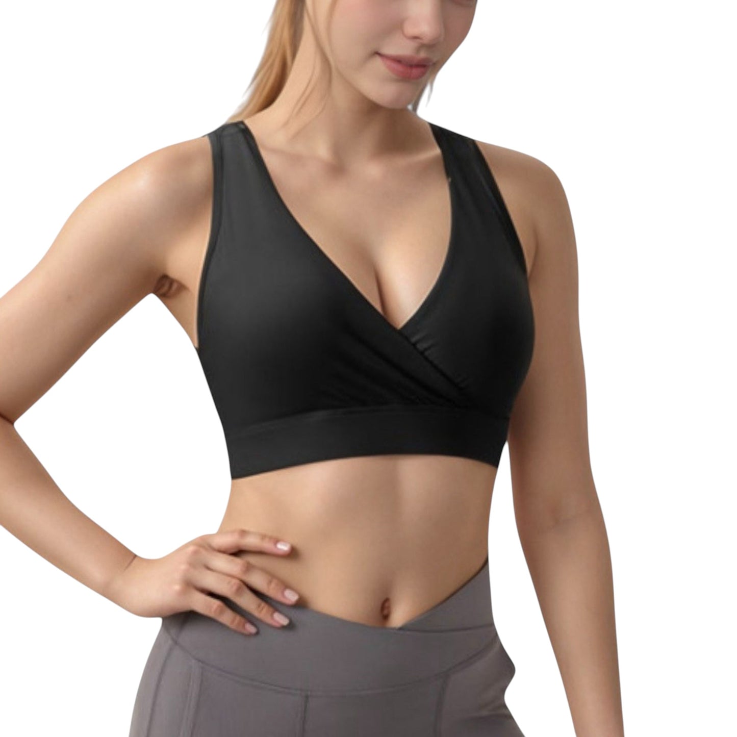 Crossover V-Neck Sports Bra with Wide Straps and Stretch Support Band
