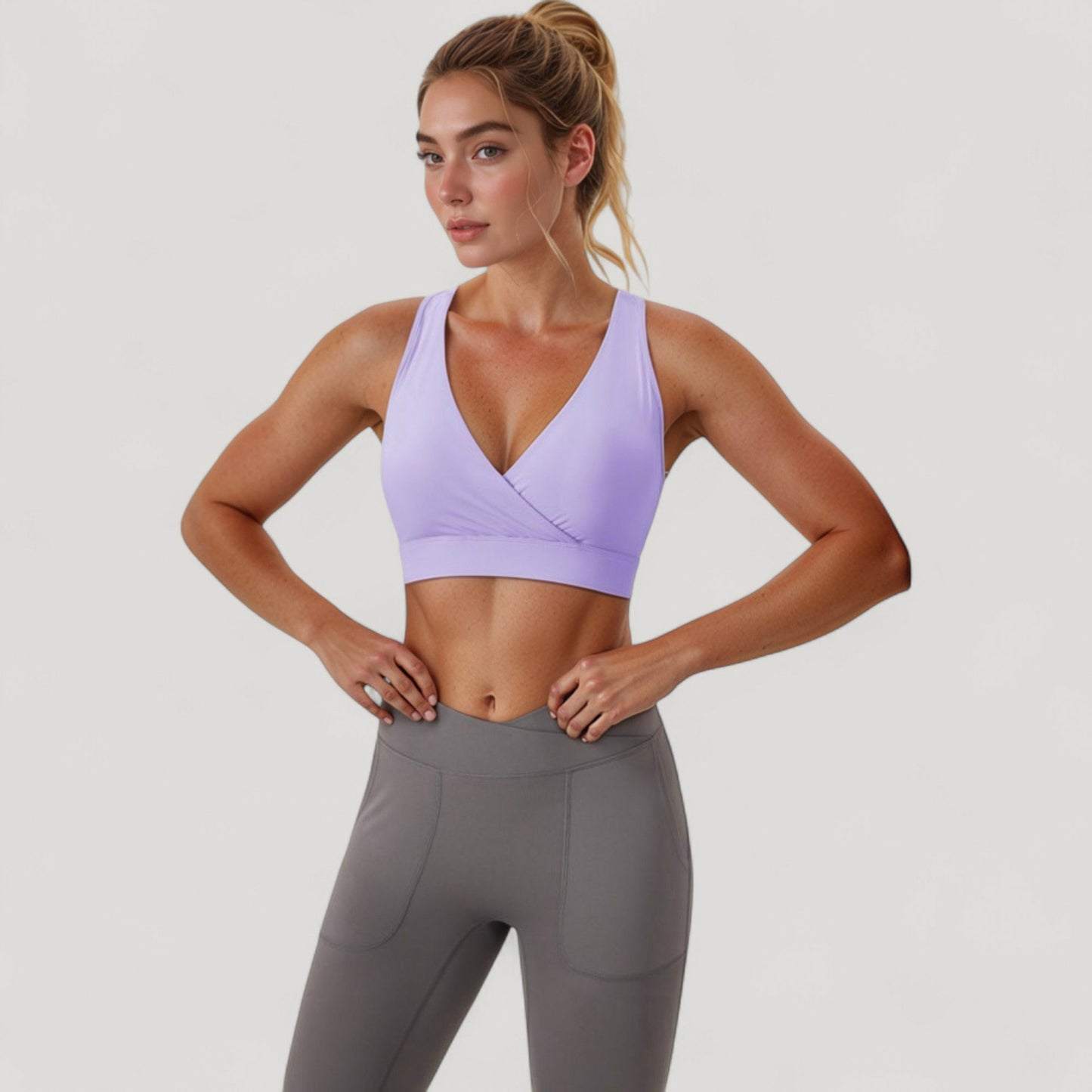 Crossover V-Neck Sports Bra with Wide Straps and Stretch Support Band