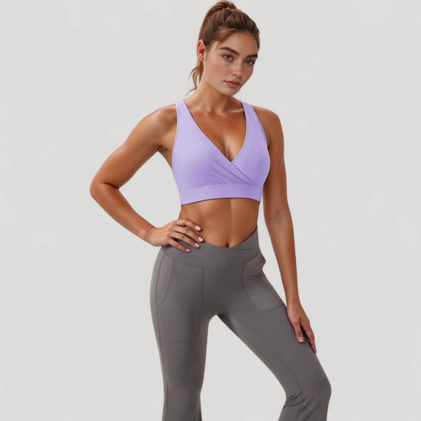 Crossover V-Neck Sports Bra with Wide Straps and Stretch Support Band