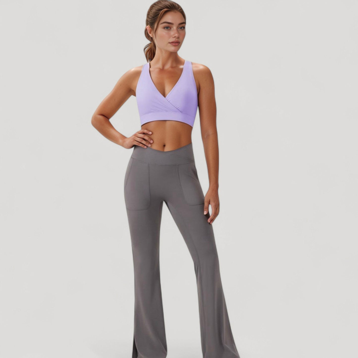 Crossover V-Neck Sports Bra with Wide Straps and Stretch Support Band