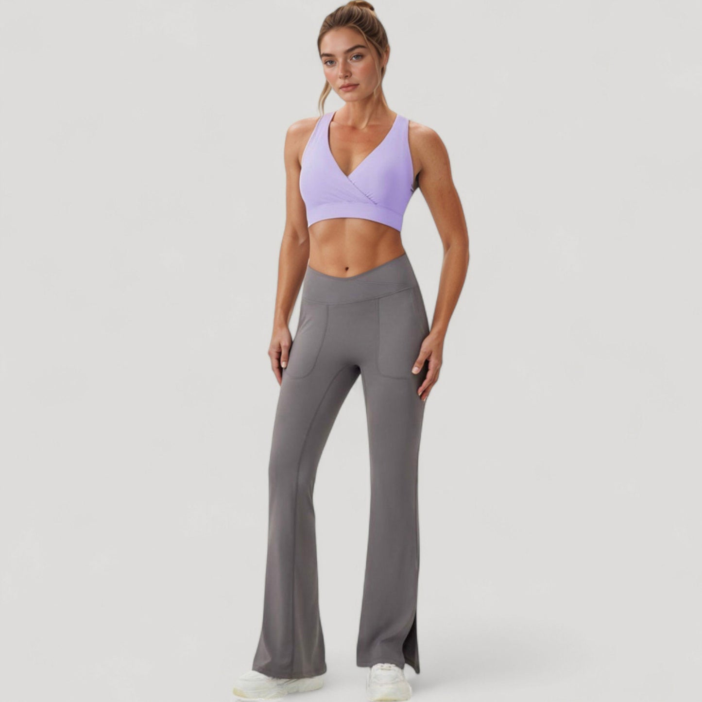 Crossover V-Neck Sports Bra with Wide Straps and Stretch Support Band