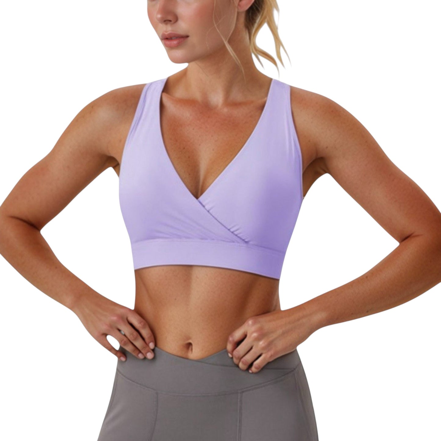 Crossover V-Neck Sports Bra with Wide Straps and Stretch Support Band