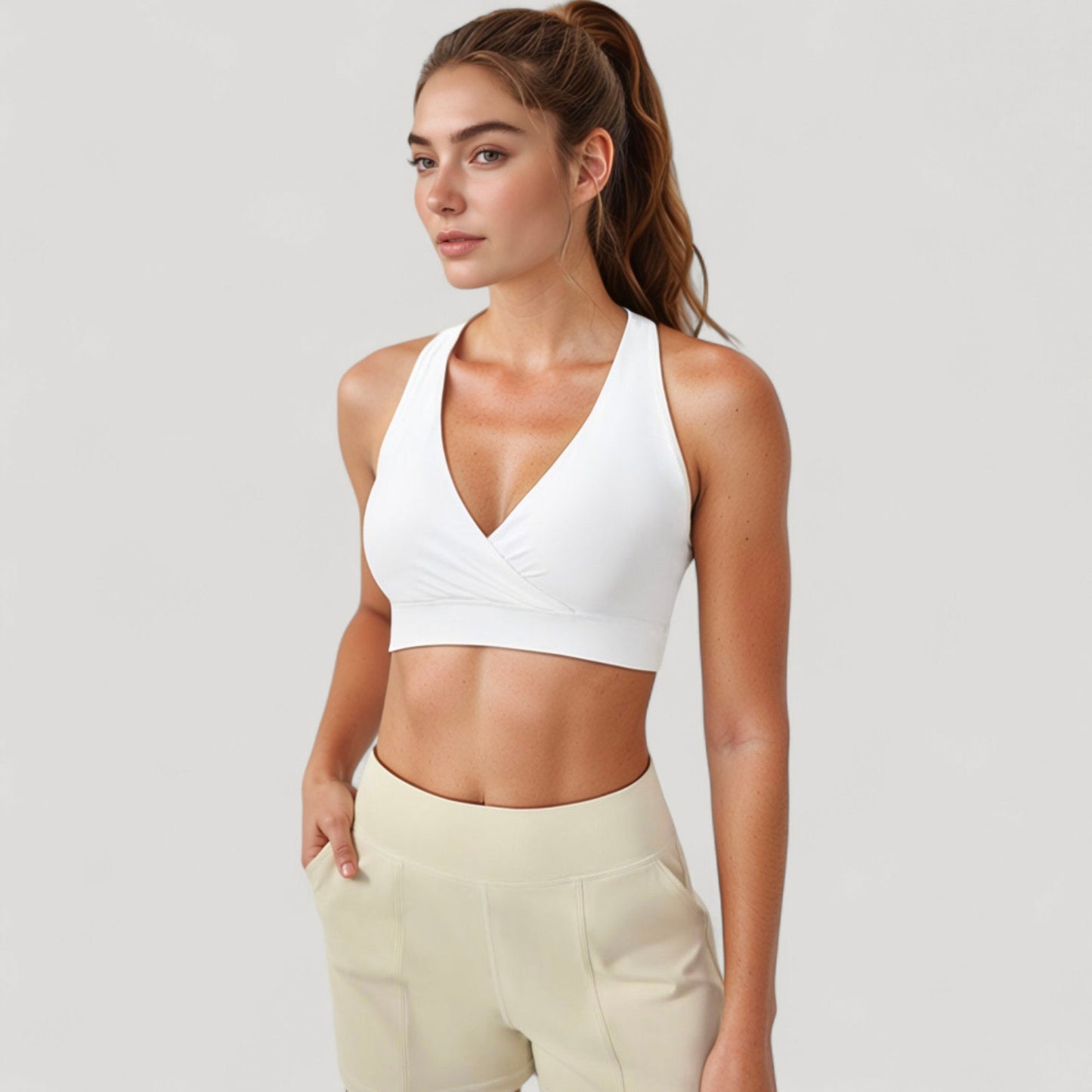 Crossover V-Neck Sports Bra with Wide Straps and Stretch Support Band
