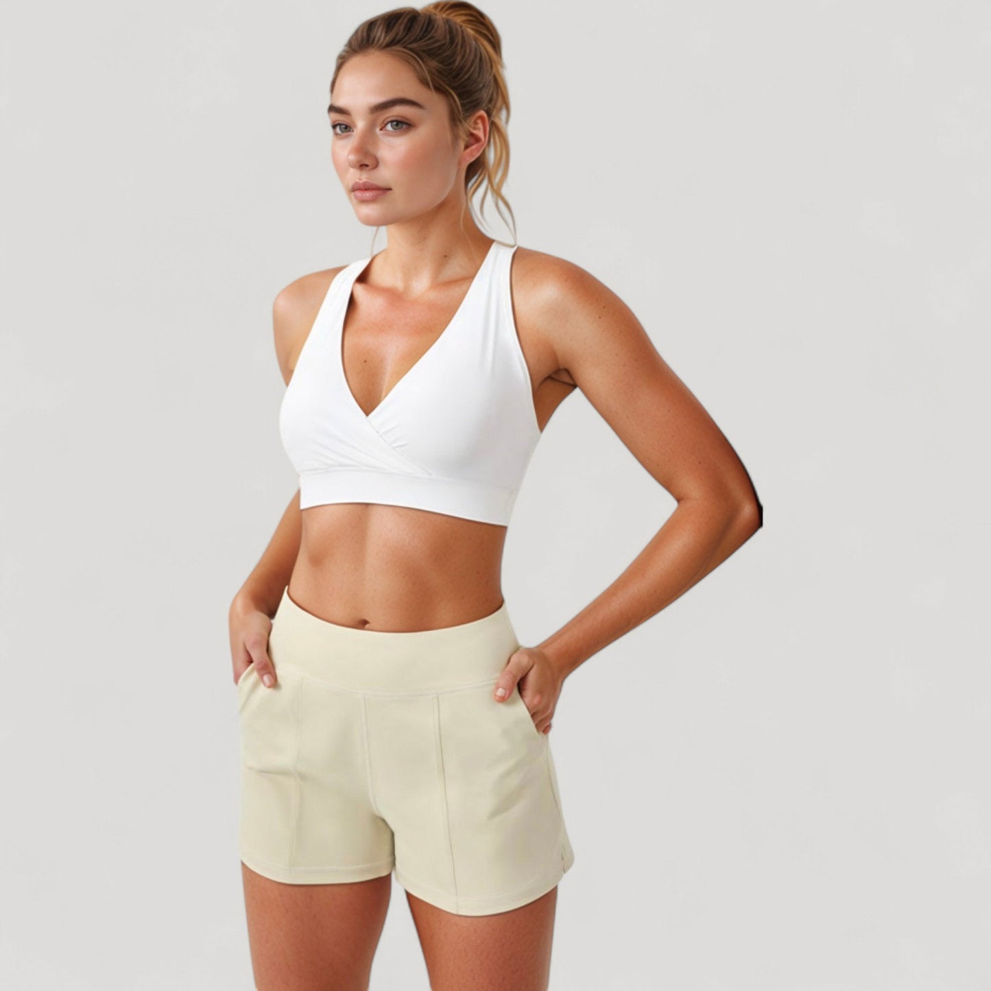 Crossover V-Neck Sports Bra with Wide Straps and Stretch Support Band