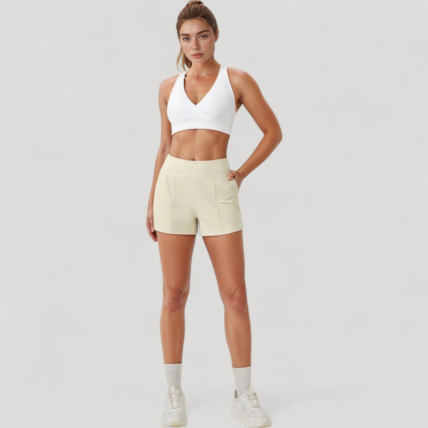 Crossover V-Neck Sports Bra with Wide Straps and Stretch Support Band