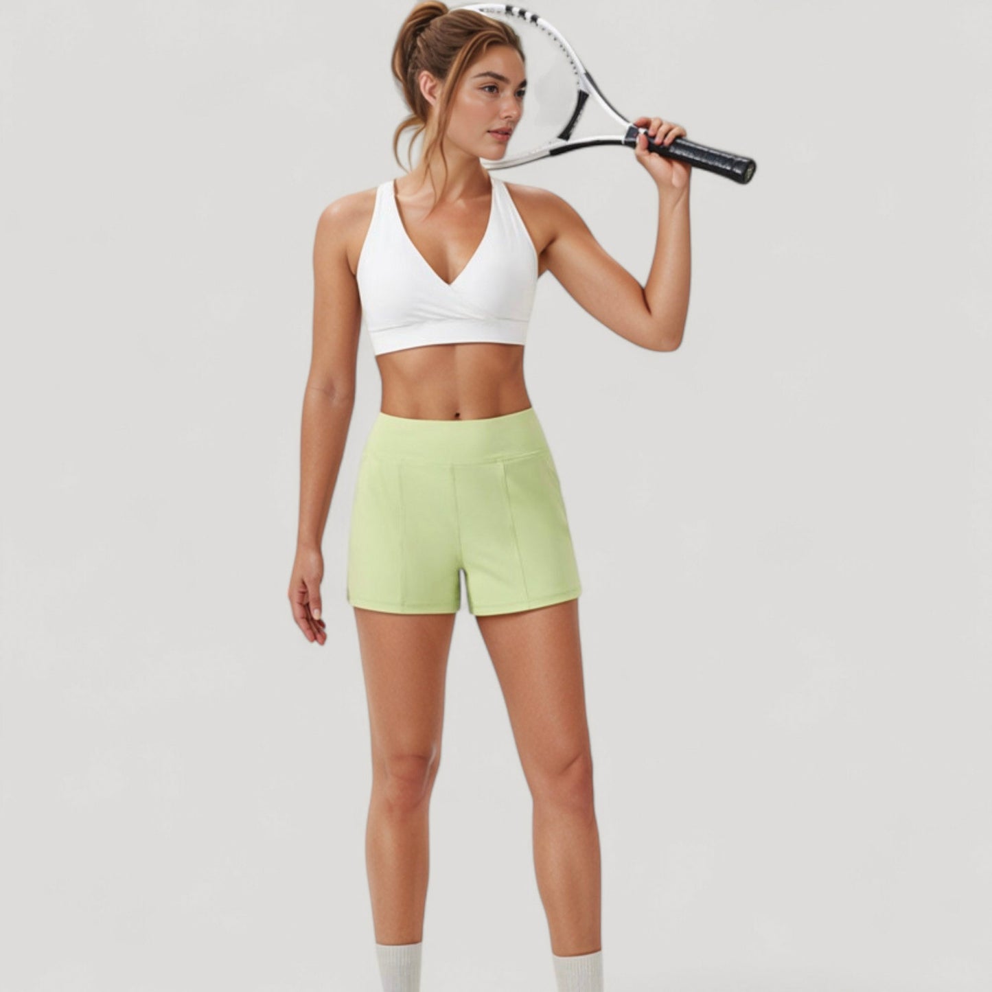 Crossover V-Neck Sports Bra with Wide Straps and Stretch Support Band