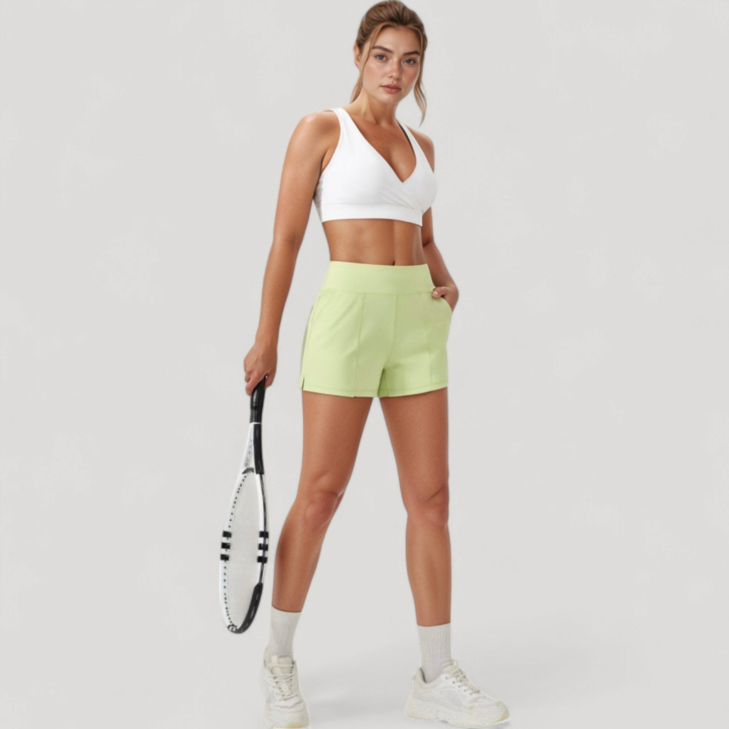 Crossover V-Neck Sports Bra with Wide Straps and Stretch Support Band