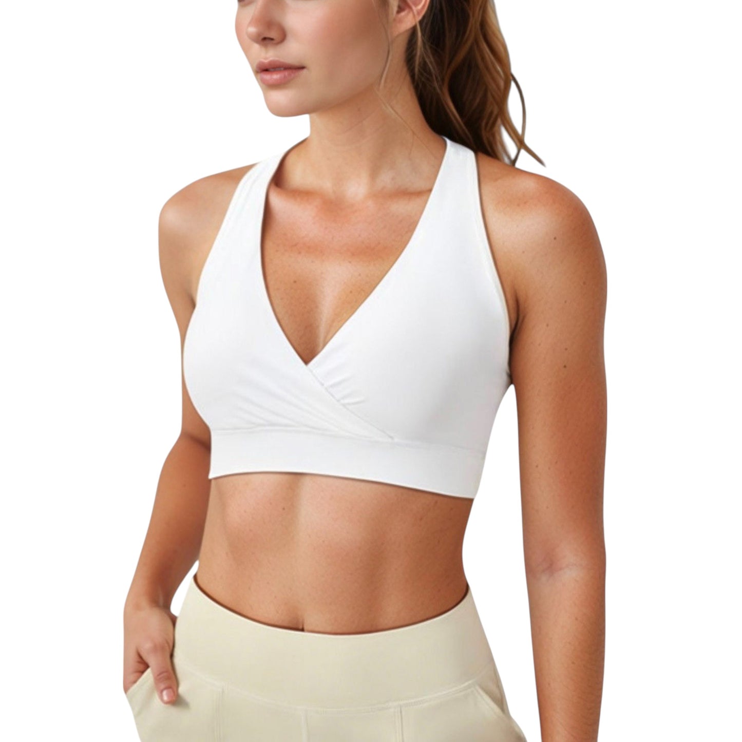 Crossover V-Neck Sports Bra with Wide Straps and Stretch Support Band