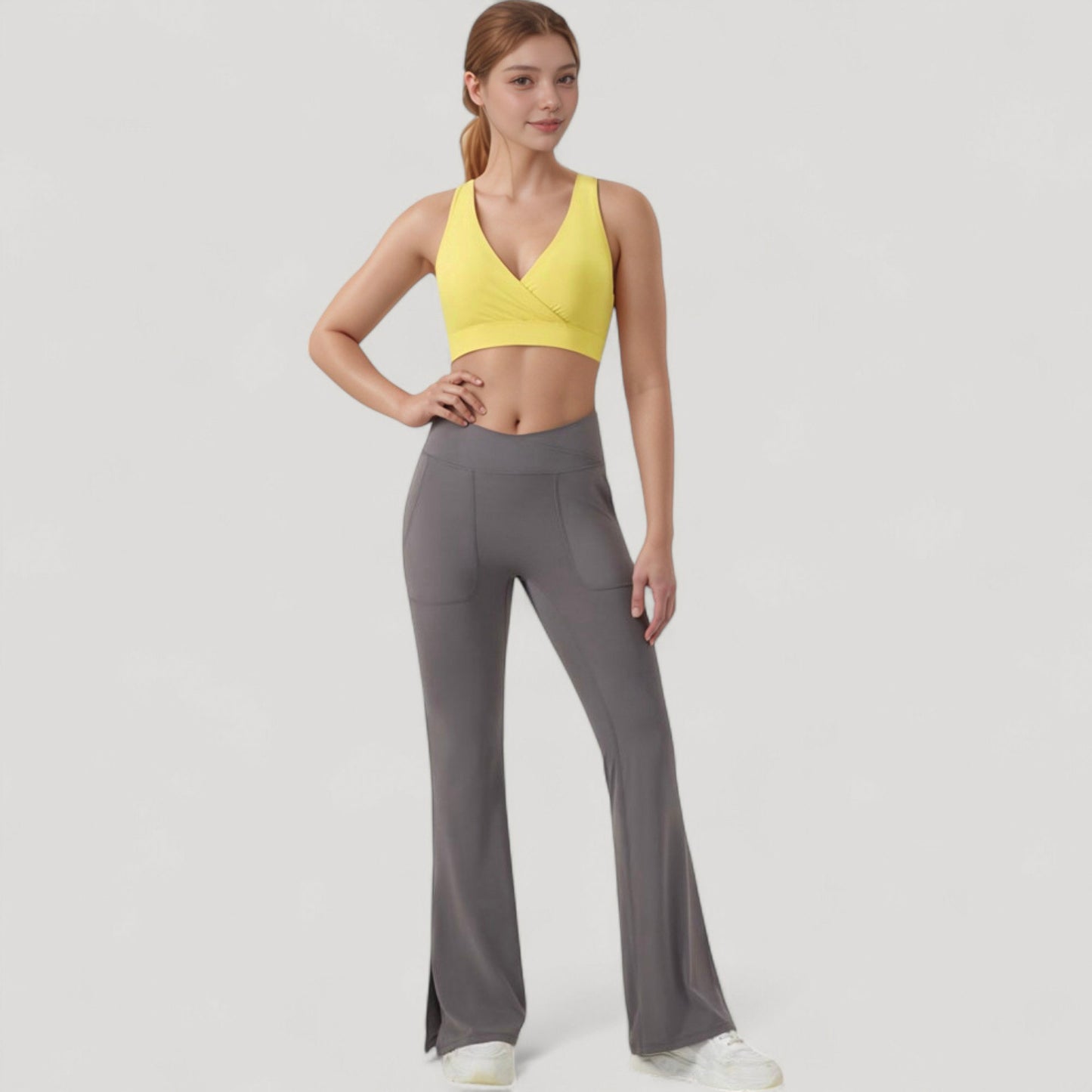 Crossover V-Neck Sports Bra with Wide Straps and Stretch Support Band