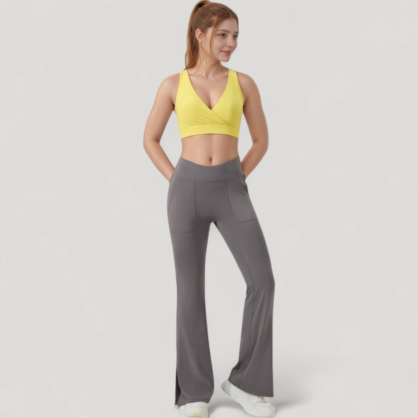 Crossover V-Neck Sports Bra with Wide Straps and Stretch Support Band