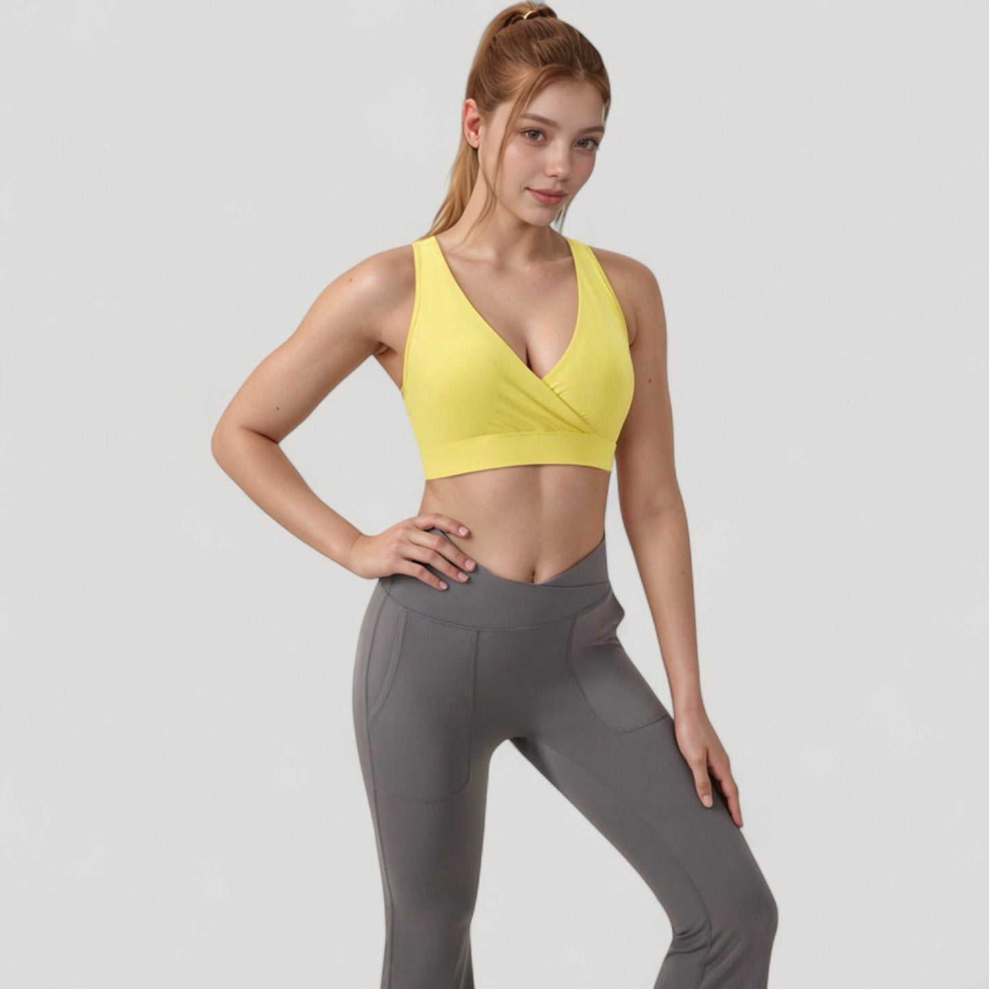 Crossover V-Neck Sports Bra with Wide Straps and Stretch Support Band