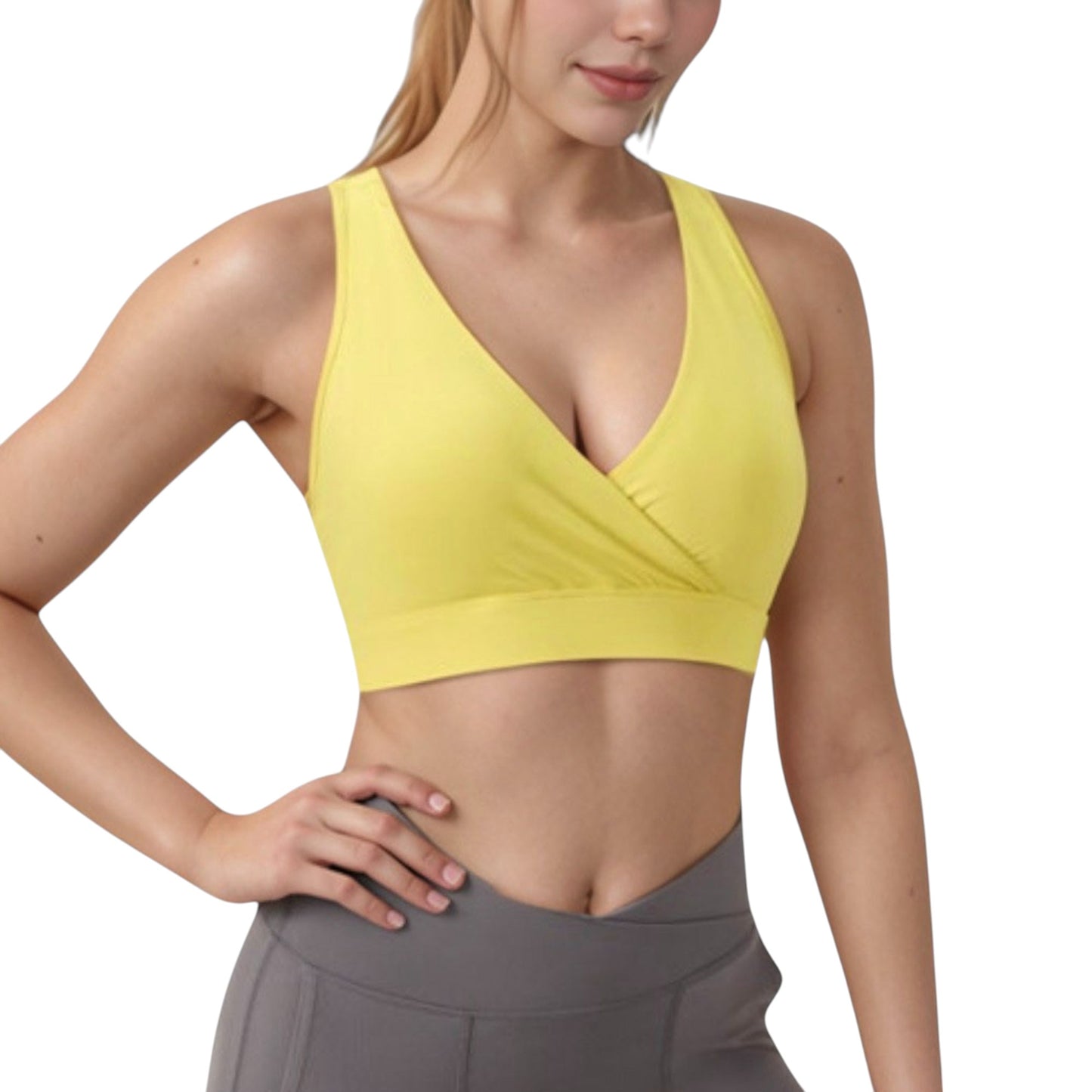 Crossover V-Neck Sports Bra with Wide Straps and Stretch Support Band