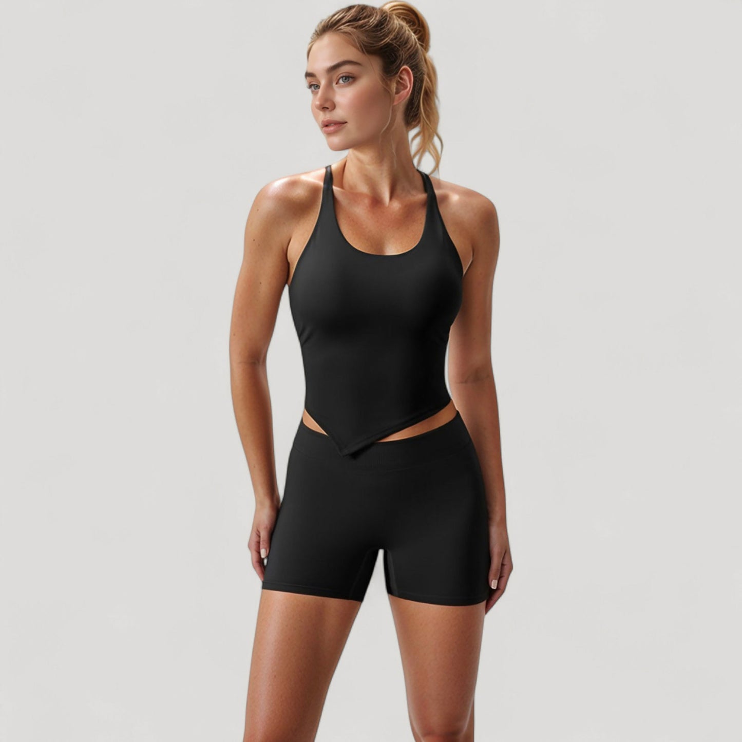 Scoop Neck Racerback Tank Top with Handkerchief Hem and Built-In Shelf Bra for Low Impact Activity