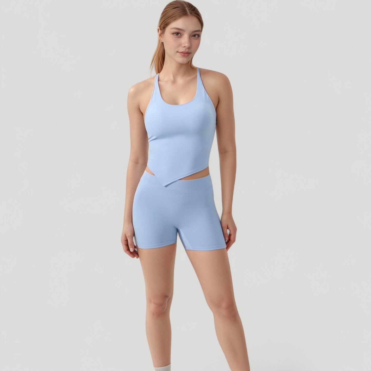 Scoop Neck Racerback Tank Top with Handkerchief Hem and Built-In Shelf Bra for Low Impact Activity