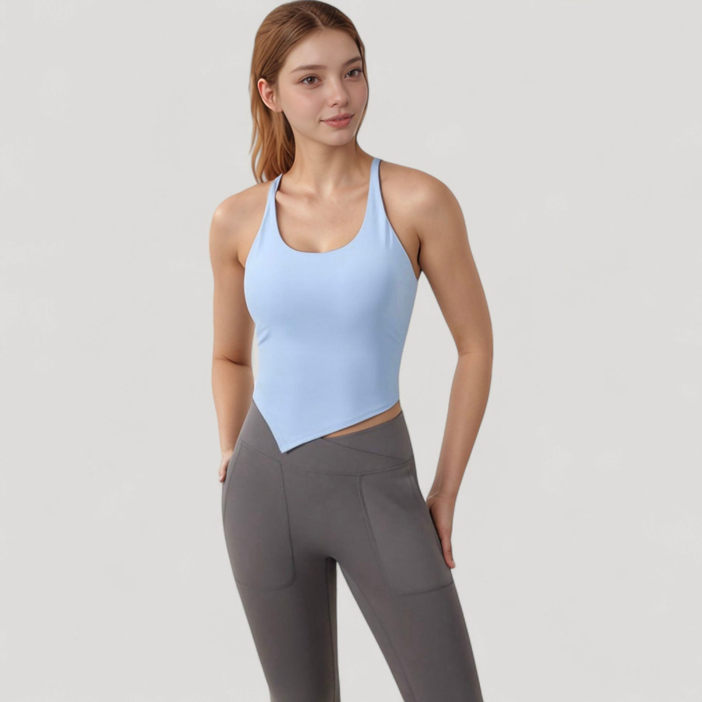 Scoop Neck Racerback Tank Top with Handkerchief Hem and Built-In Shelf Bra for Low Impact Activity