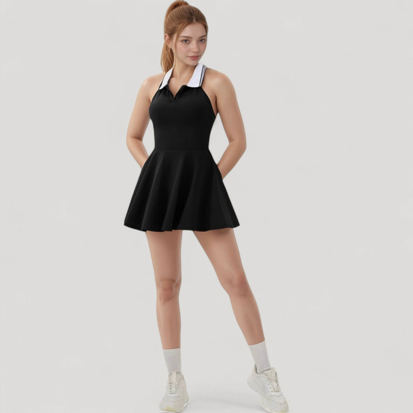 Sleeveless Tennis Dress with Contrast Polo Collar and Flared Skirt Design