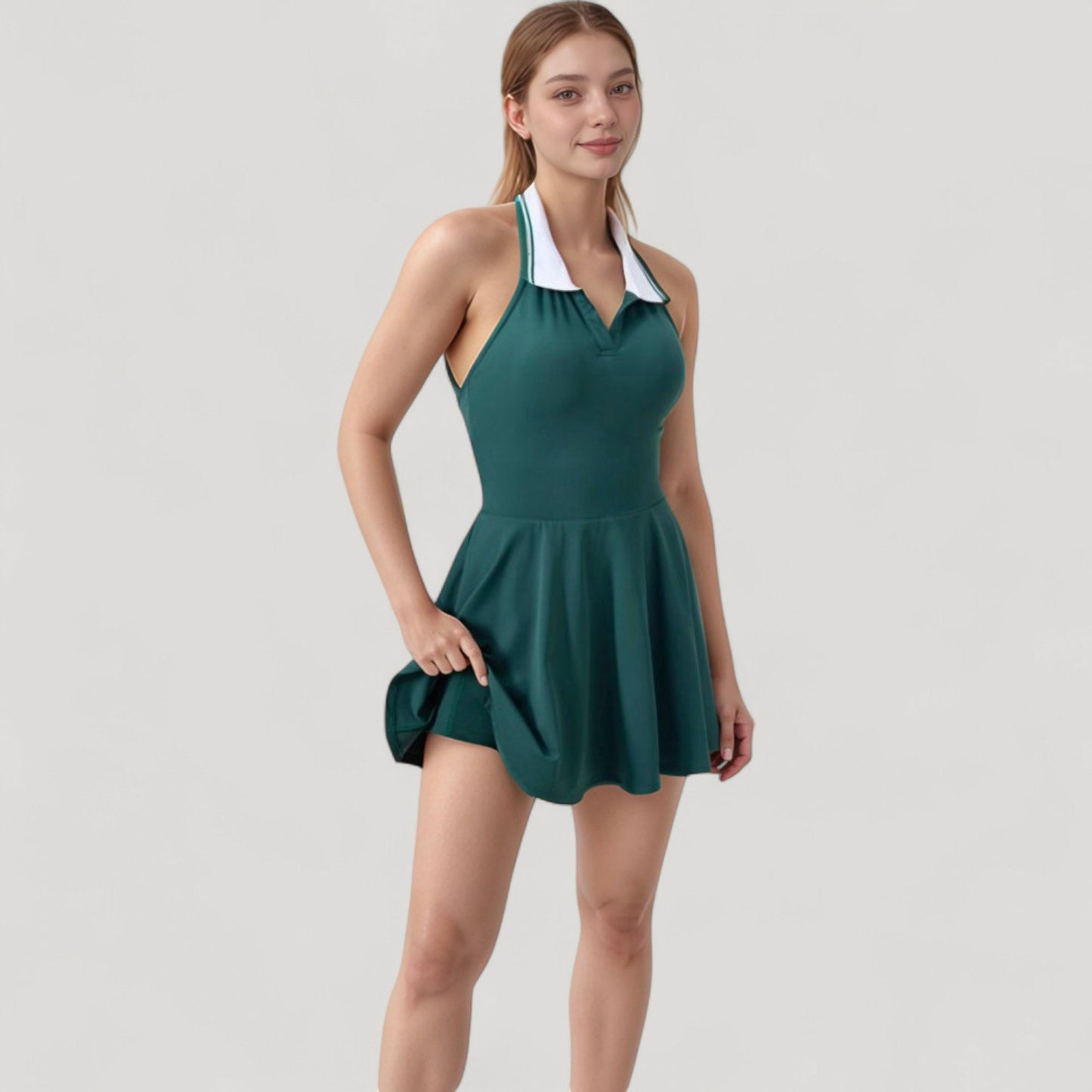 Sleeveless Tennis Dress with Contrast Polo Collar and Flared Skirt Design