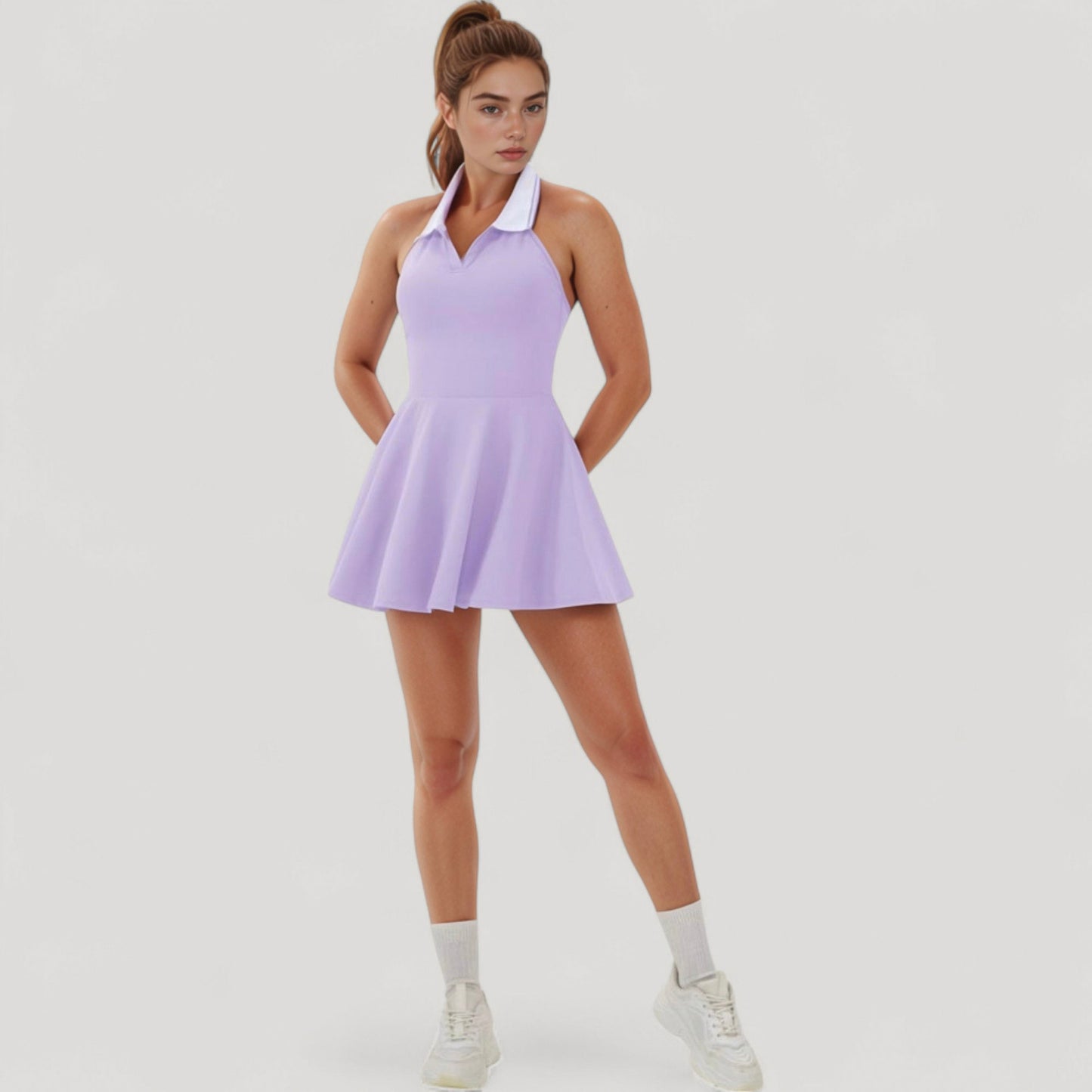 Sleeveless Tennis Dress with Contrast Polo Collar and Flared Skirt Design