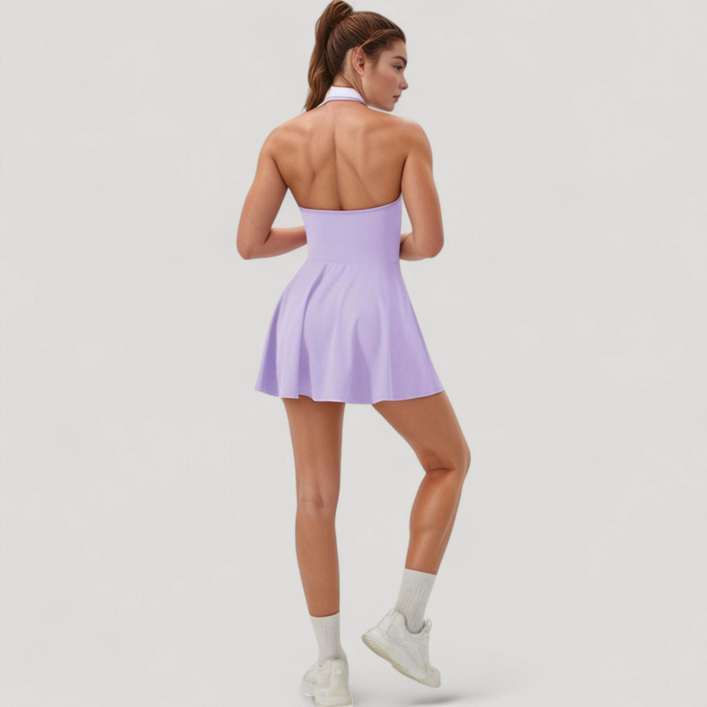 Sleeveless Tennis Dress with Contrast Polo Collar and Flared Skirt Design