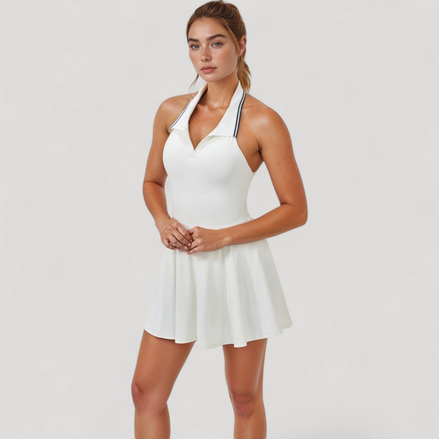 Sleeveless Tennis Dress with Contrast Polo Collar and Flared Skirt Design