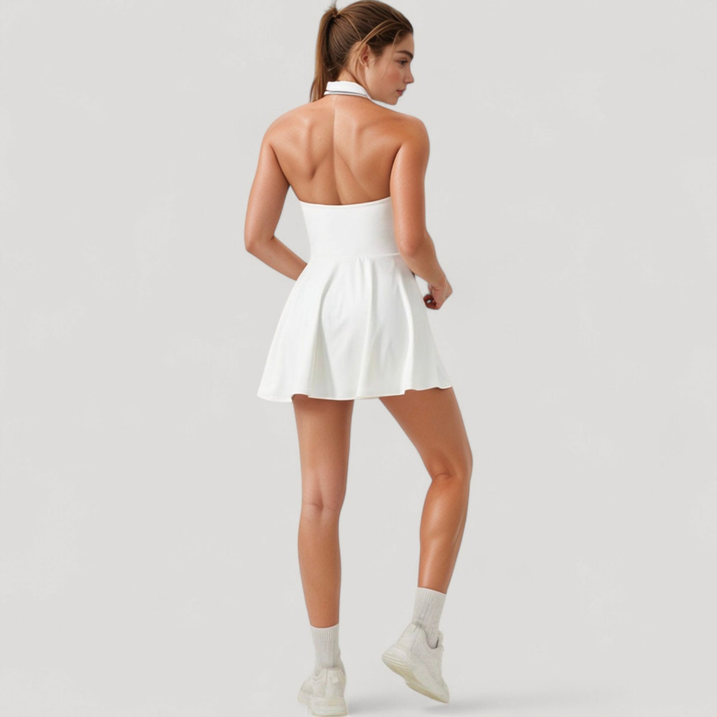 Sleeveless Tennis Dress with Contrast Polo Collar and Flared Skirt Design